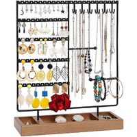 ROLLYWARE Earring Holder,5-Tier Ear Stud Holder with Wooden Tray,Jewelry Organizer Holder for Earrings Necklaces Bracelets Watches and Rings,Earring Display Stand with 132 Holes,Black (Black, 1)