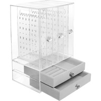 ABOUT SPACE Acrylic Earring Organizer Transparent Cosmetic Jewellery Box - 3 Layer Vertical Rack with Removable 2 Drawers for Rings,Necklaces,Jhumkas -Travel Jewelry Case for Women(L13x13WxH24.5 cm)