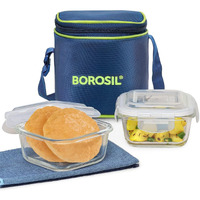 Borosil Klip n Store Lunchbox with Bag | Set of 2 (320ml Each), Square | Borosilicate Glass, Vertical | Microwave & Dishwasher Safe, Leakproof | Tiffin for Office/School/College | Blue, Transparent