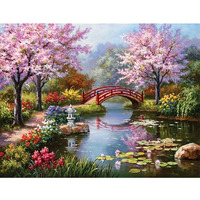 HASTHIP DIY 5D Diamond Painting by Number Kits Full Drill Rhinestone Embroidery Cross Stitch Pictures Arts Craft for Home Wall Decor,Peach Blossom Bridge-11.8x15.8In (Color 1)