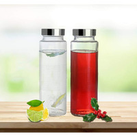 Brezzycloud Glass Food Grade Airtight Water Bottle with Leak-Proof Stainless Steel Lid - Water, Smoothie, Juicer and Beverage Glasses - 500ml (Set of 2)