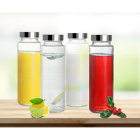 Brezzycloud Glass Food Grade Airtight Water Bottle with Leak-Proof Stainless Steel Lid - Water, Smoothie, Juicer and Beverage Glasses - 500ml (Set of 4)