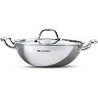 BERGNER Argent TriPly Stainless Steel 22 cm Kadai with Stainless Steel Lid, 2 L Kadhai/Karai with Lid, Food Safe, Stay Cool Cast Handles, Dishwasher Safe, Induction and Gas Ready, 5-Year Warranty