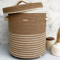 Nobbys Jute Cotton Striped Laundry Basket with Lid (14D x 18H) - 45 Litres,multicolour