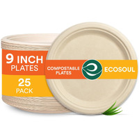 ECO SOUL Disposable Bagasse Plates | Eco-Friendly, Biodegradable, Sugarcane Paper Plates | for Serving Snacks | Birthday, Wedding & Party | Round, Beige (23 cm)