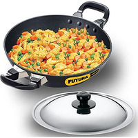 Hawkins Futura 1.5 Litre Deep Fry Pan, Non Stick Kadai with Stainless Steel Lid, Round Bottom Kadhai, Small Non Stick Kadai, Black (NK15S)