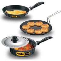 Futura Nonstick Cookware Set 1  FLAT TAVA : 30cm DIA; 4.88 mm Thick  FRYING PAN: 22 cm DIA; 3.25 mm Thick  CURRY PAN (SAUTE PAN): with Stainless Steel Lid 2 litre, 3.25 mm Thick