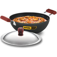 Hawkins Futura 3.5 Litre Deep Kadhai, Non Stick Kadai with Stainless Steel Lid, Flat Bottom Induction Kadhai, Black (INK35S)