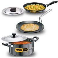 Hawkins Futura 3 Pieces Cookware Set 1, Induction Cookware Set - Non Stick Frying Pan, Flat Tava and Cook-n-Serve Stewpot with One Stainless Steel Lid, Black (INSET1)