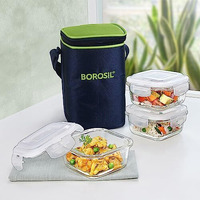 Borosil Alfa Glass Lunch Box Green, Set of 3, 320 ml, Square, Microwave Safe Office Tiffin