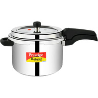 Prestige 6.5 Litres Deluxe Alpha Svachh Induction Base Outer Lid Stainless Steel Pressure Cooker | Deep lid controls spillage| Silver | Pressure Indicator | Gasket-Release System | Anti-Bulge Base