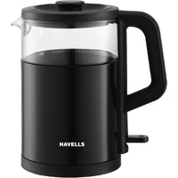 Havells MARINO Low Noise Glass Electric Kettle 1L|1200W Borosilicate Glass inner & Cool Touch Outer Body| Detachable LID|304 Rust Resistant SS Base|2 Yr Manufacturer Warranty (Black)