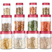 MILTON Vitro Plastic Pet Storage Jar and Container, Set of 12 (4 pcs x 270 ml Each, 4 pcs x 665 ml Each, 4 pcs x 1.24 ltrs Each), Red Wine | Air Tight | Kitchen Organiser | BPA Free