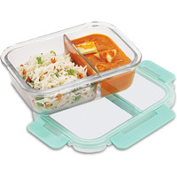 Allo FoodSafe Compartment Glass Lunch Box with Break Free Detachable Lock, 450C Oven & Microwave Safe, Borosilicate Glass Container with Partition Divider, Office Tiffin 580ml, Rectangle