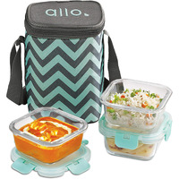 Allo FoodSafe Glass Lunch Box with Break Free Detachable Lock, Oven & Microwave Safe, Borosilicate Glass Container, Office Tiffin with Chevron Mint Bag, Set of 3, 310ml, Square (Mint Green)