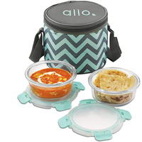 Allo FoodSafe Glass Lunch Box with Break Free Detachable Lock, Oven & Microwave Safe, Borosilicate Glass Container, Office Tiffin with Chevron Mint Bag, Set of 2, 390ml, Round