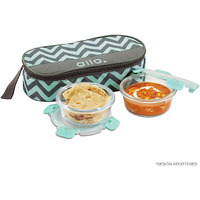 Allo FoodSafe Glass Lunch Box with Break Free Detachable Lock, Oven & Microwave Safe, Borosilicate Glass Container, Office Tiffin with Chevron Mint Flat Bag, Set of 2, 390ml, Round