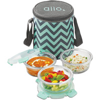 Allo FoodSafe 3 Glass Oven Safe Microwave Safe High Borosilicate Round Office Tiffin Lunch Box with Break Free Detachable Lock and with Chevron Bag (Mint Green, 390ml x 3) - Set of 3