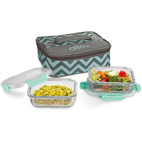 Allo FoodSafe Glass Lunch Box with Break Free Detachable Lock, Oven & Microwave Safe, Borosilicate Glass Container, Office Tiffin with Chevron Mint Flat Bag, Set of 2, 370ml, Rectangle