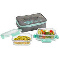 Allo FoodSafe 370ml x 2 Glass Microwave Oven Safe Lunch Box with Break Free Detachable Lock | High Borosilicate | Office Tiffin with Canvas Grey Bag | Set of 2 Rectangle