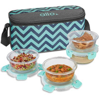 Allo FoodSafe Glass Lunch Box with Break Free Detachable Lock, Microwave & Oven Safe, Borosilicate Glass Container, Office Tiffin with Chevron Mint Bag, Set of 4,390ml, Round