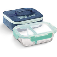 Allo FoodSafe Compartment Glass Lunch Box with Break Free Lock, Oven & Microwave Safe, Borosilicate Glass Container with Partition Divider, Office Tiffin with Denim Blue Bag, 580ml, Rectangle