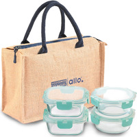 Allo Food Safe Glass Lunch Box with Breakfree Detachable Lock, Microwave Safe Lunch Box Borosilicate Glass Tiffin for Office with Jute Tiffin Bag, Set of 4, 310ml x 2 & 390ml x 2, Beige