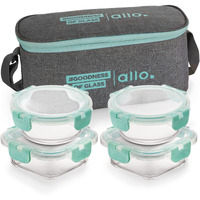 Allo Food Safe Glass Lunch Box with Breakfree Detachable Lock, Microwave Safe Lunch Box Borosilicate Glass Tiffin for Office with Canvas Grey Tiffin Bag, Set of 4, 215ml x 2, 310ml x 2