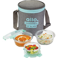 Allo Food Safe Glass Lunch Box with Breakfree Detachable Lock, Microwave Safe Lunch Box Borosilicate Glass Tiffin for Office with Canvas Grey Tiffin Bag, Set of 3, 215ml x 1, 390ml x 2