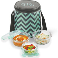 Allo Food Safe Glass Lunch Box with Breakfree Detachable Lock, Microwave Safe Lunch Box Borosilicate Glass Tiffin for Office with Chevron Mint Tiffin Bag, Set of 3, 215ml x 1, 390ml x 2