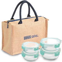 Allo Food Safe Glass Lunch Box With Breakfree Detachable Lock, Microwave Safe Lunch Box Borosilicate Glass Tiffin For Office With Jute Tiffin Bag, Set Of 4, 215Ml X 2 & 390Ml X 2, Beige