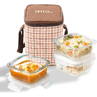 Allo Food Safe Borosilicate Glass Lunch Box, 450C Microwave Safe Lunch Box, Borosilicate Borosilicate Glass Tiffin for Office with Cocoa Brown Tiffin Bag, Set of 3, 320ml x 3, Square