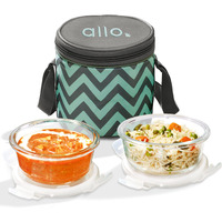 Allo Food Safe Borosilicate Glass Lunch Box, 450C Microwave Safe Lunch Box, Borosilicate Borosilicate Glass Tiffin for Office with Chevron Mint Tiffin Bag, Set of 2, 400ml x 2, Round