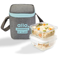 Allo Food Safe Borosilicate Glass Lunch Box, 450C Microwave Safe Lunch Box, Borosilicate Borosilicate Glass Tiffin for Office with Canvas Grey Tiffin Bag, Set of 2, 320ml x 2, Square