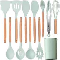 12 pcs Silicone Cooking Utensils Kitchen Utensil Set with Holder Heat Resistant Silicone Spatula Turner Set Wooden Spoons Kitchen Gadgets Tools Cooking Utensils for Nonstick Cookware (Light Green, 12)