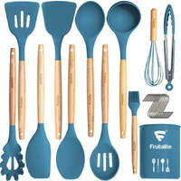 Fruitalite Silicone Kitchen Utensils Spoon Spatula Cooking Set- 13 Pcs Non-Stick with Wooden Handle- BPA Free, Heat Resistant item, Flexible Non Toxic Silicon Cookware tools with Holder- Dark Blue