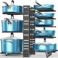 Axmon Kitchen Cabinet Cookware Organizer Stand Heavy Duty Metal Multipurpose 5 Adjustable Compartments Kitchen Counter Pan and Pot Rack Storage Holder for Kitchen Utensil (8 Tier)