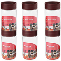 CELLO Modustack Stackable Container Set | PET Plastic Jar with Air Tight Lid | For Storage of Food, Pulses, Spice, Cereals, Cookies, Dry Food | 1000ml | Set of 6, Maroon