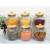 Femora Kitchen Storage Jars Embossed Glass Jar With Wooden Lid & Jute Chain Air Tight Jar, 500 ML, Pack of 6