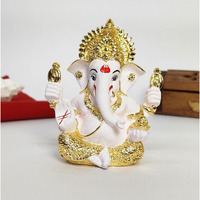 Gold Art India Mukut Ganesha Statue Gold Plated | Car Dashboard | Office Desk/Home Dcor | Gifting | House Warming | | 150g | 3.3 Height | (4HANDMUKUTGOLDWHITE)