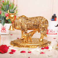 KridayKraft Gold Plated Kamdhenu Cow with Calf Metal Statue for Good Luck Feng Shui & Vastu Showpiece As Table Top Religious idol Gau Mata for Home Office Decorative,Animal Showpiece