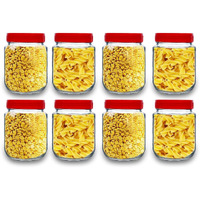 Feelopie Aahar Jar with Red Lid for Lentils, Food, Pickles, Spices, Sweets, Snacks, Rice, Kitchen Storage (500ml, Set Of 8)