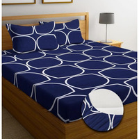 SHOMES Elastic Fitted Bedsheets with 2 King Size Pillow Covers | Double Bed with All Around Elastic, Size 72 x 78 x 8 Inches (Navy)