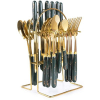 MGeezz Abstract Forest Green Ceramic Golden Stainless Steel Cutlery Set of 24 with Spoons, Forks & Knives with Stand Marble Design Handle with Exquisite Pattern Sets