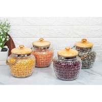 Femora Kitchen Storage Jars Embossed Glass Jar With Wooden Lid & Jute Chain Air Tight Jar, 500 ML, Pack of 4