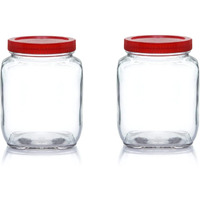 Feelopie Yera Glass 1000ml Square Pickle Clear Jars & Containers||for Kitchen Pantry,Snacks, Masala, Honey, Pickles,Cookies,Dry Fruits,and Coffee Beans Storage||Plastic Red Lid (1kg, Set Of 2)