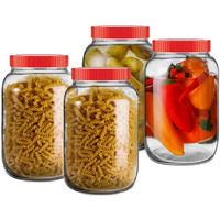 Feelopie Piramal Glass Jar 2000 ml Round pickle Jars for kitchen home storage Transparent airtight Glass Containers for Kitchen Pantry, Flour, Cereal, Masala, Dry Fruits|Red Cap(2000ml, Set of 4)