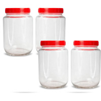 Feelopie Piramal Glass Jar 1.5litter Round pickle Jars for kitchen home storage Transparent airtight Glass Containers for Kitchen Pantry, Flour, Cereal, Masala, Dry Fruits|Red Cap(1500ml, Set of 4)