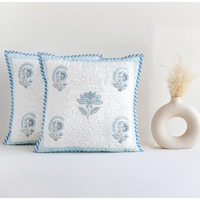 HOMEMONDE Jaipuri Hand Block Printed Soft Cushion Cover Set of 2 - Square 24 x 24 Inches Cotton Throw Pillow Cover, Baby Blue