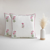 HOMEMONDE Pack of 2 Floral Hand Block Print Soft Throw Cushion Cover - Pink 24 x 24 Inches Quilted Cotton Sofa Pillow Case for Home Decor